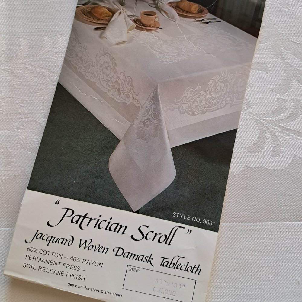Vintage White Jacquard Woven Damask Tablecloth